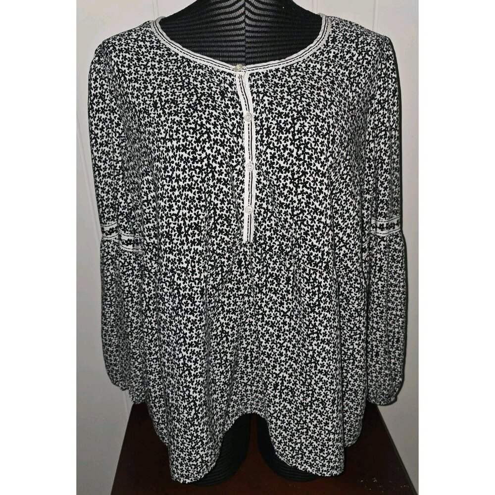 Max Studio Women's Plus 1X Ivory & Black Floral Boho Peasant Blouse Top $98